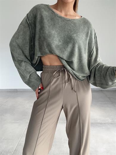 Haki Soluk Efektli Triko Kazak