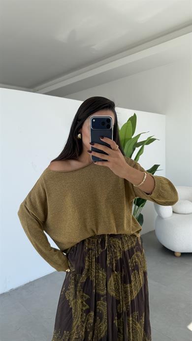 Haki Uzun Kollu Simli Bluz