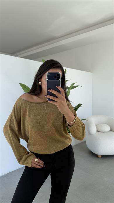 Haki Uzun Kollu Simli Bluz