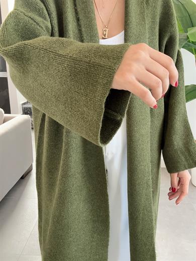 Haki Uzun Salaş Maxi Triko Hırka