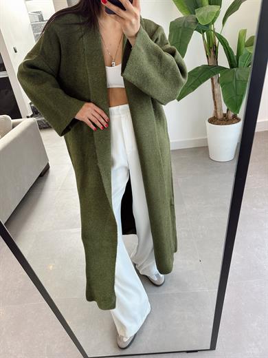 Haki Uzun Salaş Maxi Triko Hırka