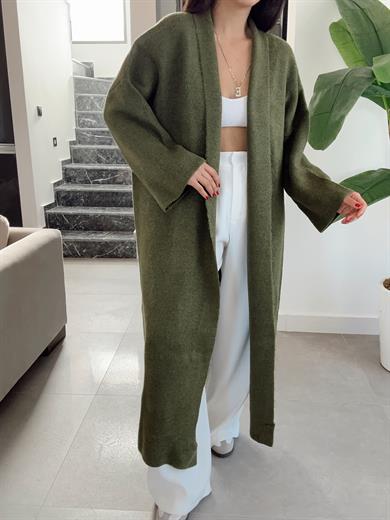 Haki Uzun Salaş Maxi Triko Hırka