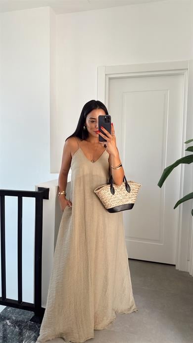 Haki V Yaka İp Askılı Elbise