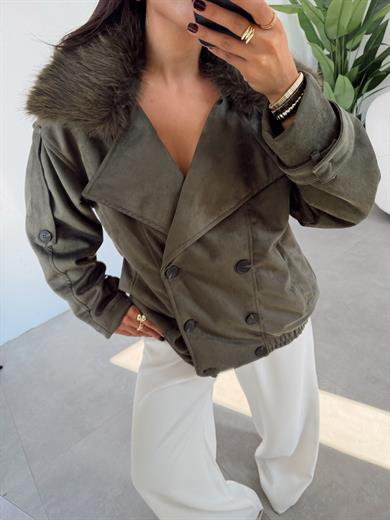 Haki Yakası Kürklü Bomber Mont