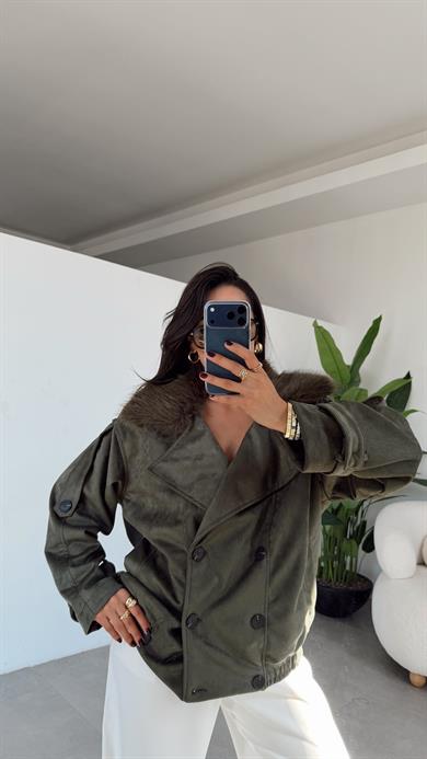 Haki Yakası Kürklü Bomber Mont