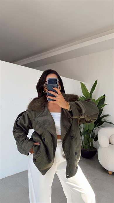 Haki Yakası Kürklü Bomber Mont