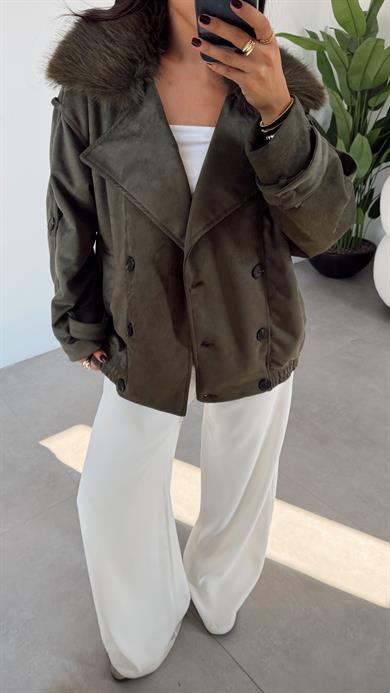 Haki Yakası Kürklü Bomber Mont