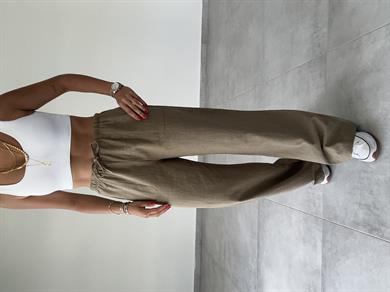 Haki Yama Cepli Bol Paça Keten Pantolon