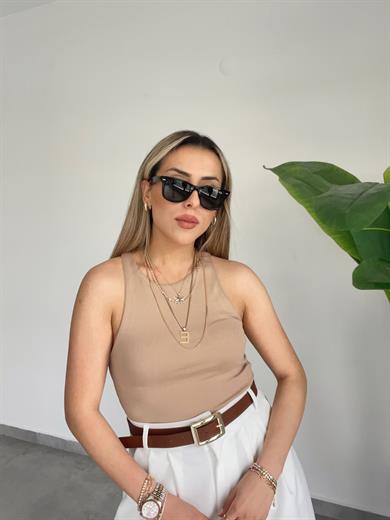 Halter Yaka Bej Bluz