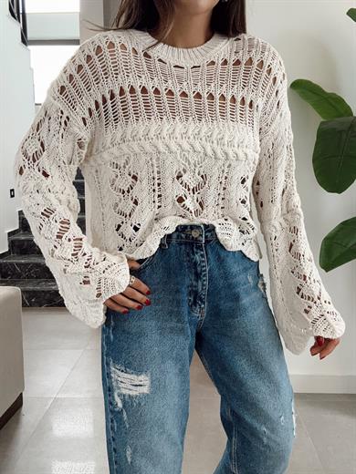 Ham Ekru Ajurlu Triko Kazak