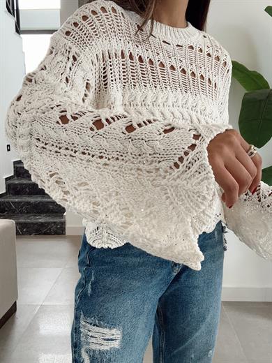 Ham Ekru Ajurlu Triko Kazak