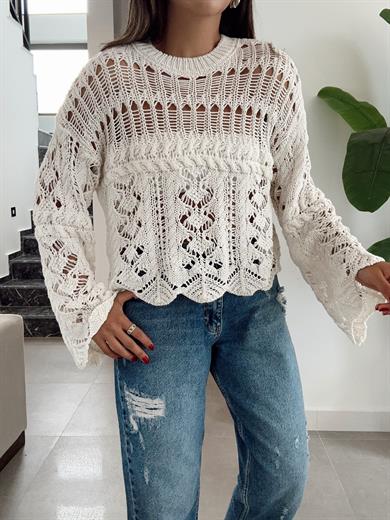 Ham Ekru Ajurlu Triko Kazak