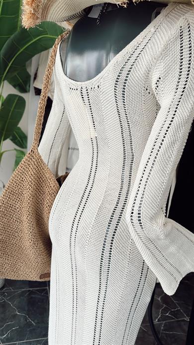 Ham Ekru Ajurlu Triko Uzun Elbise