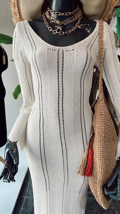 Ham Ekru Ajurlu Triko Uzun Elbise