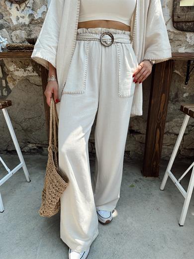 Ham Ekru Beli Lastikli Kemerli Pantolon