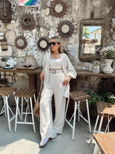 Ham Ekru Beli Lastikli Kemerli Pantolon