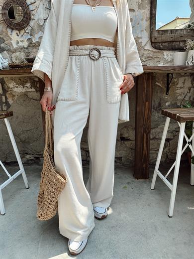 Ham Ekru Beli Lastikli Kemerli Pantolon