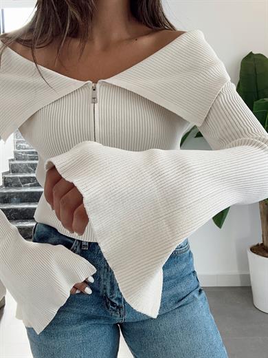 Ham Ekru Madonna Yaka Fermuarlı Triko