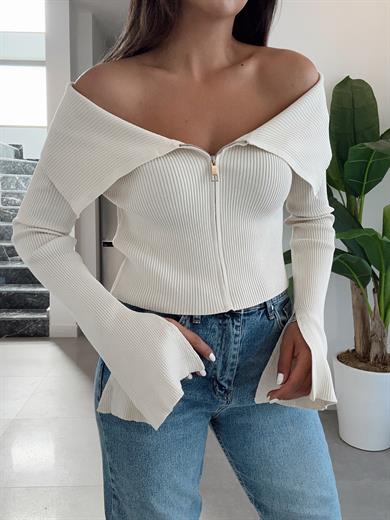 Ham Ekru Madonna Yaka Fermuarlı Triko