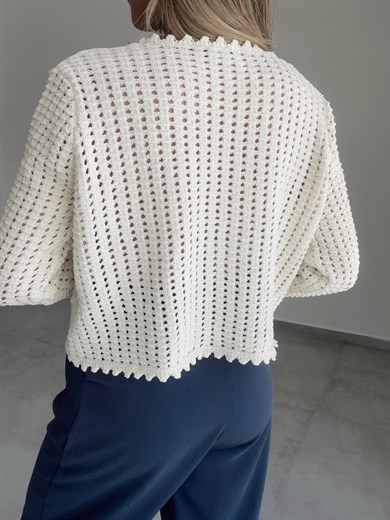 Ham Ekru Ponpon Desen Ajurlu Triko Kazak