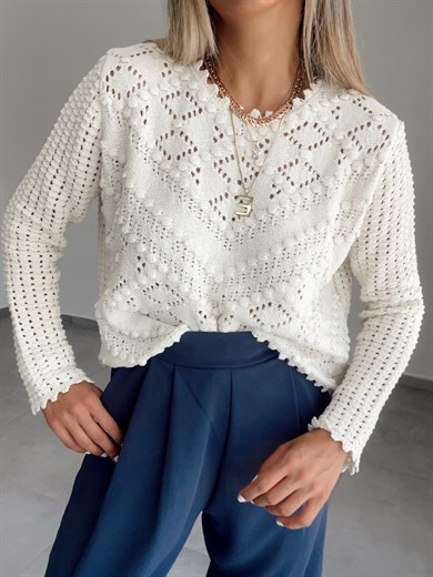 Ham Ekru Ponpon Desen Ajurlu Triko Kazak