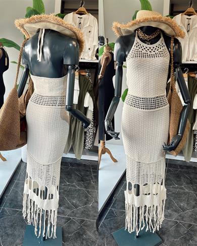 Ham Ekru Püsküllü Uzun Elbise