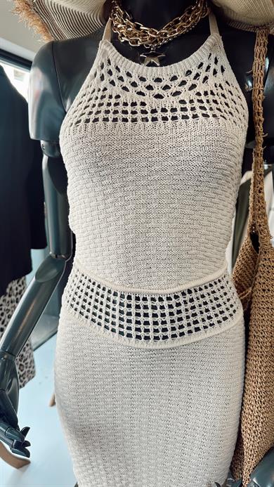 Ham Ekru Püsküllü Uzun Elbise