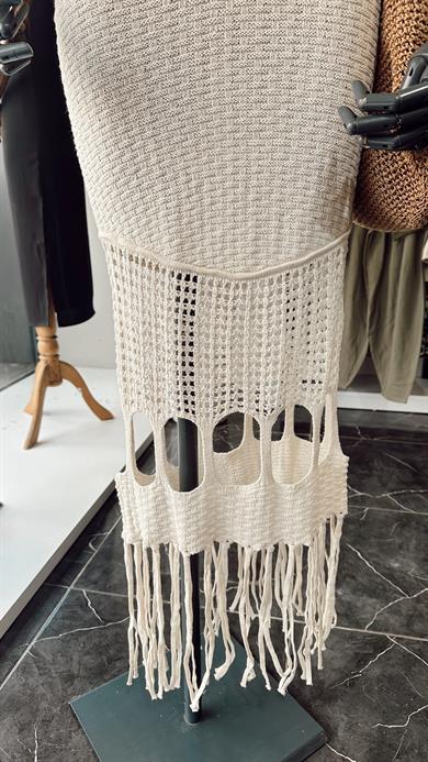 Ham Ekru Püsküllü Uzun Elbise