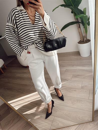 Ham Ekru-Siyah Çizgili Polo Yaka Kazak