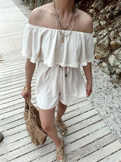 Ham Ekru Yakası Püskül Detaylı Tulum