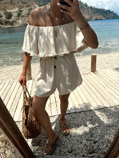 Ham Ekru Yakası Püskül Detaylı Tulum