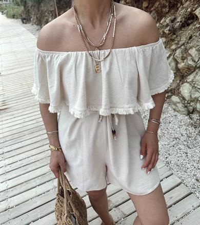 Ham Ekru Yakası Püskül Detaylı Tulum