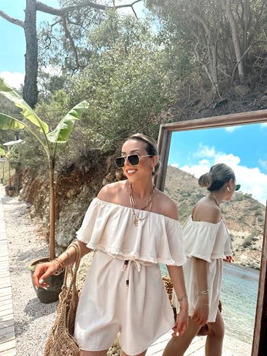 Ham Ekru Yakası Püskül Detaylı Tulum