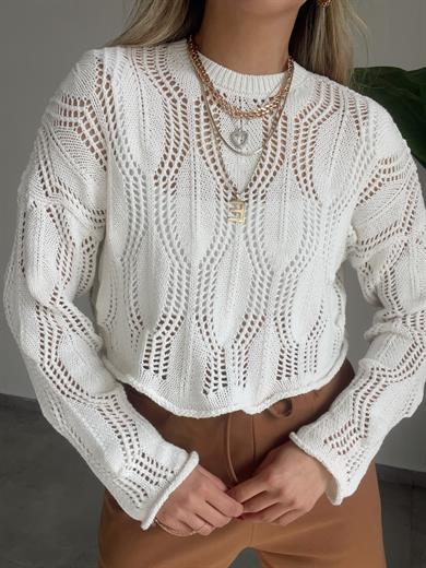 Ham Ekru Yaprak Desenli Triko Kazak