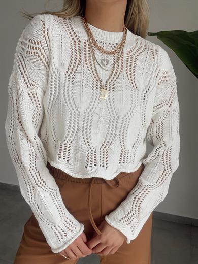 Ham Ekru Yaprak Desenli Triko Kazak