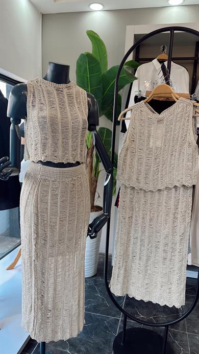 Ham Ekru Yırtmaçlı Uzun Triko Etek