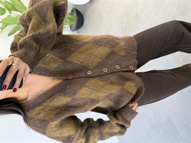 Hardal-Kahve Baklava Desenli Triko Hırka