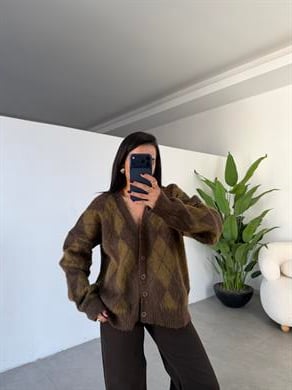 Hardal-Kahve Baklava Desenli Triko Hırka