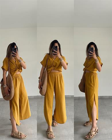 Hardal Pamuk Keten Hakim Yaka Bluz