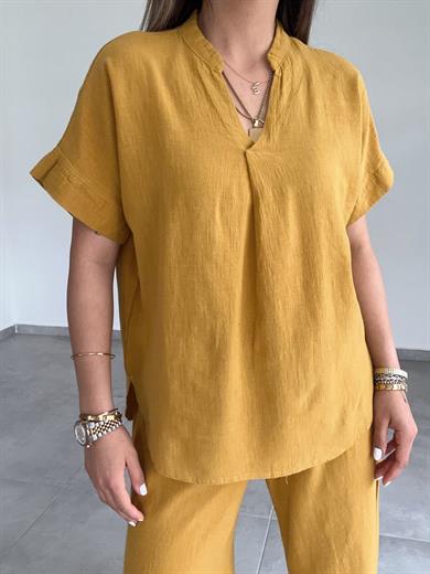 Hardal Pamuk Keten Hakim Yaka Bluz