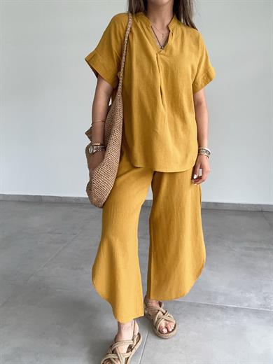 Hardal Pamuk Keten Mendil Paça Pantolon