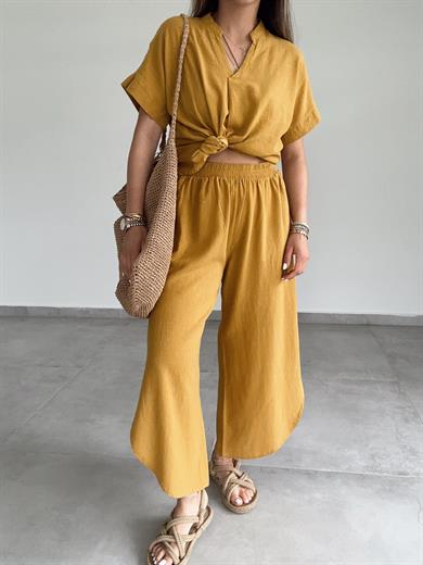 Hardal Pamuk Keten Mendil Paça Pantolon