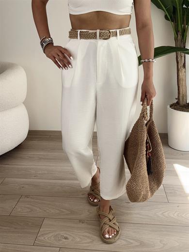 Hasır Kemerli Beyaz Keten Pantolon