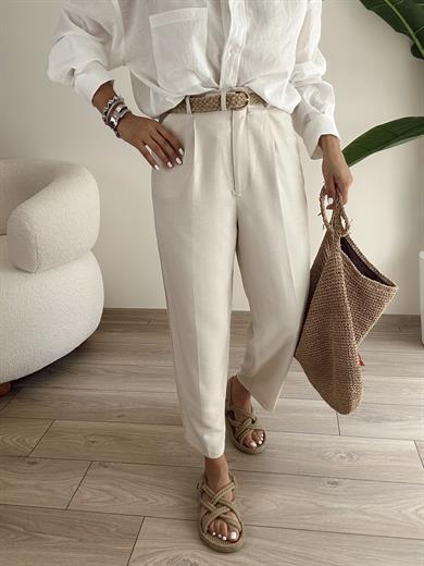 Hasır Kemerli Taş Keten Pantolon