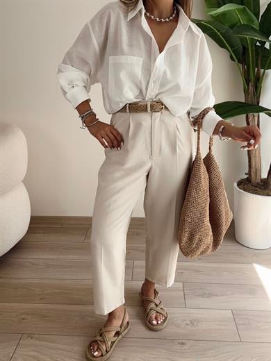 Hasır Kemerli Taş Keten Pantolon