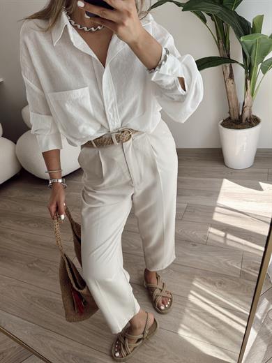 Hasır Kemerli Taş Keten Pantolon