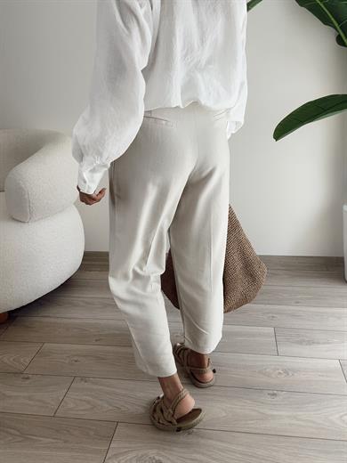 Hasır Kemerli Taş Keten Pantolon