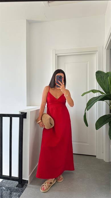 Helen Kırmızı Müslin Askıları Ayarlanabilir Elbise