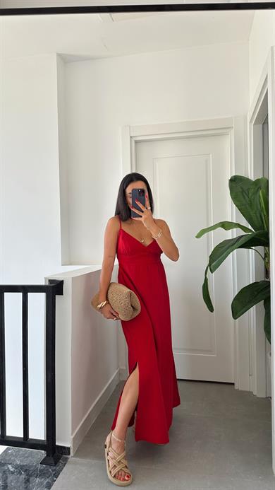 Helen Kırmızı Müslin Askıları Ayarlanabilir Elbise