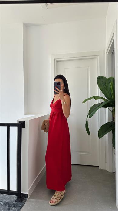 Helen Kırmızı Müslin Askıları Ayarlanabilir Elbise